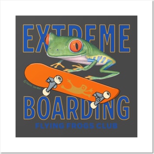 Funny and cute flying through the air riding a skateboard Red eyed tree frog having fun Posters and Art